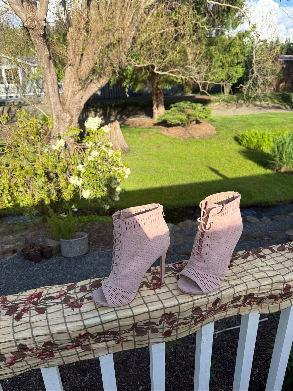 JustFab Blush Pink Lace-Up Peep-Toe Stiletto Booties